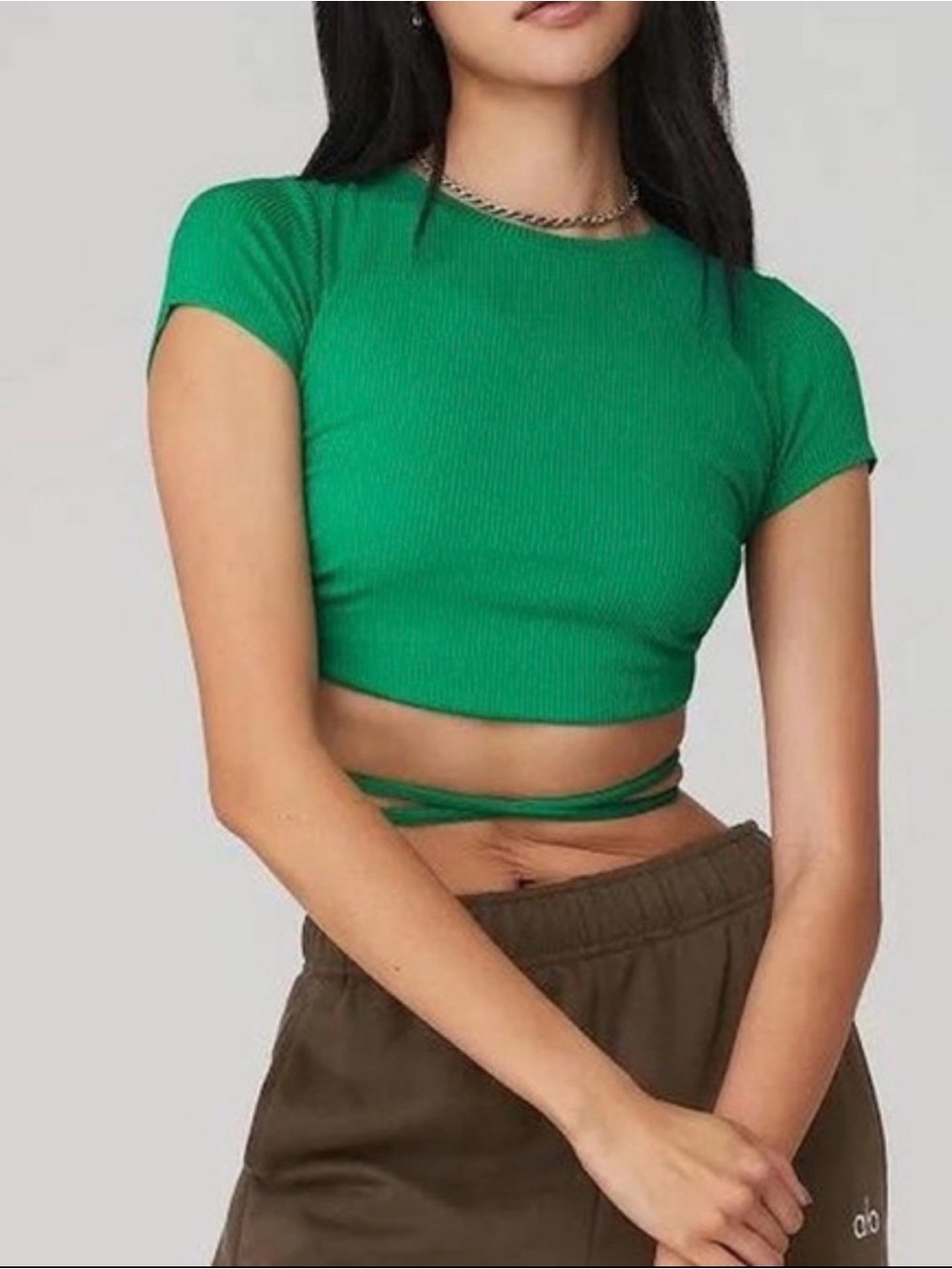 ALO Yoga Ribbed Manifest Short Sleeve Emerald Green Ribbed Crop Top Size S